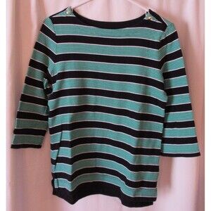 Croft & Barrow Black/Green/White Striped 3/4 Sleeve Boat Neck Shirt Size Small